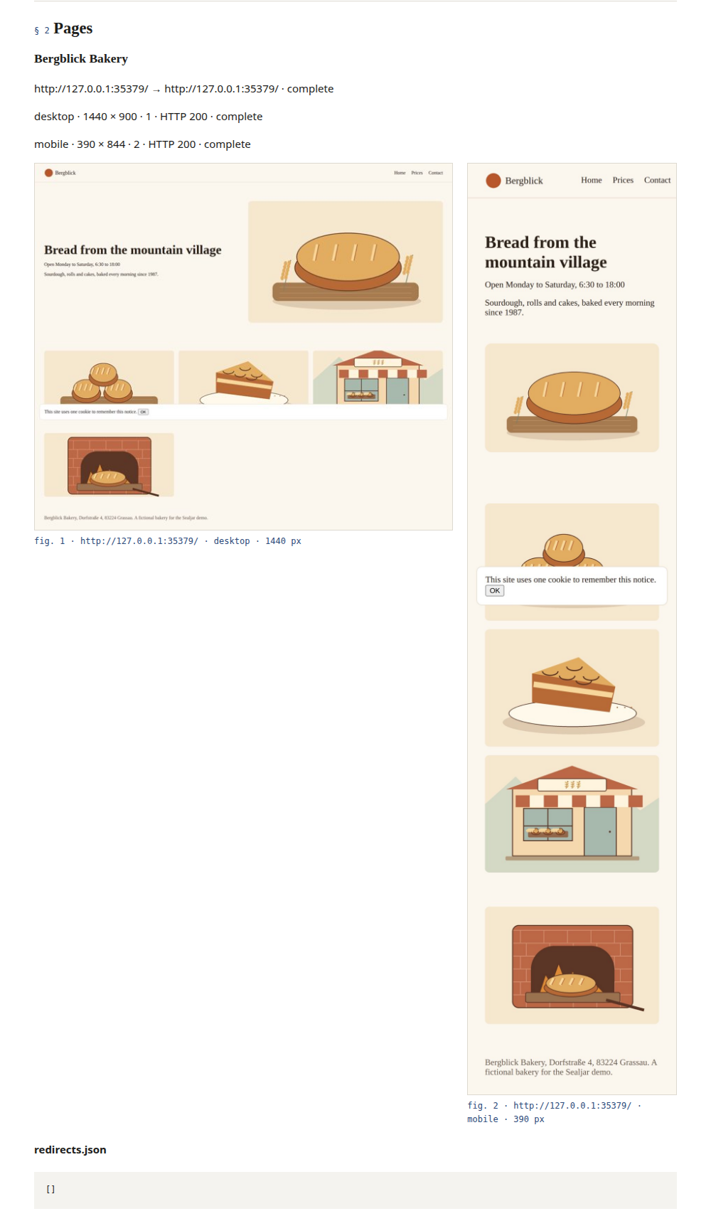 Bakery demo report showing the captured desktop and mobile bakery pages.