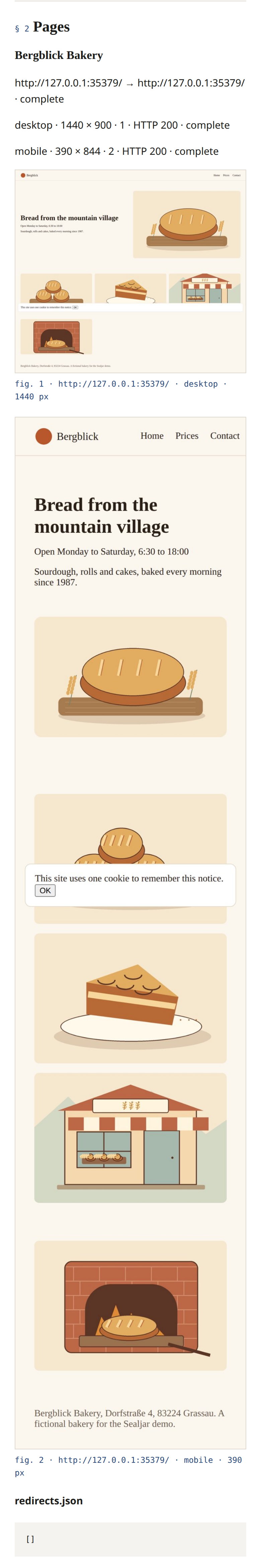 Bakery demo report showing the captured desktop and mobile bakery pages.