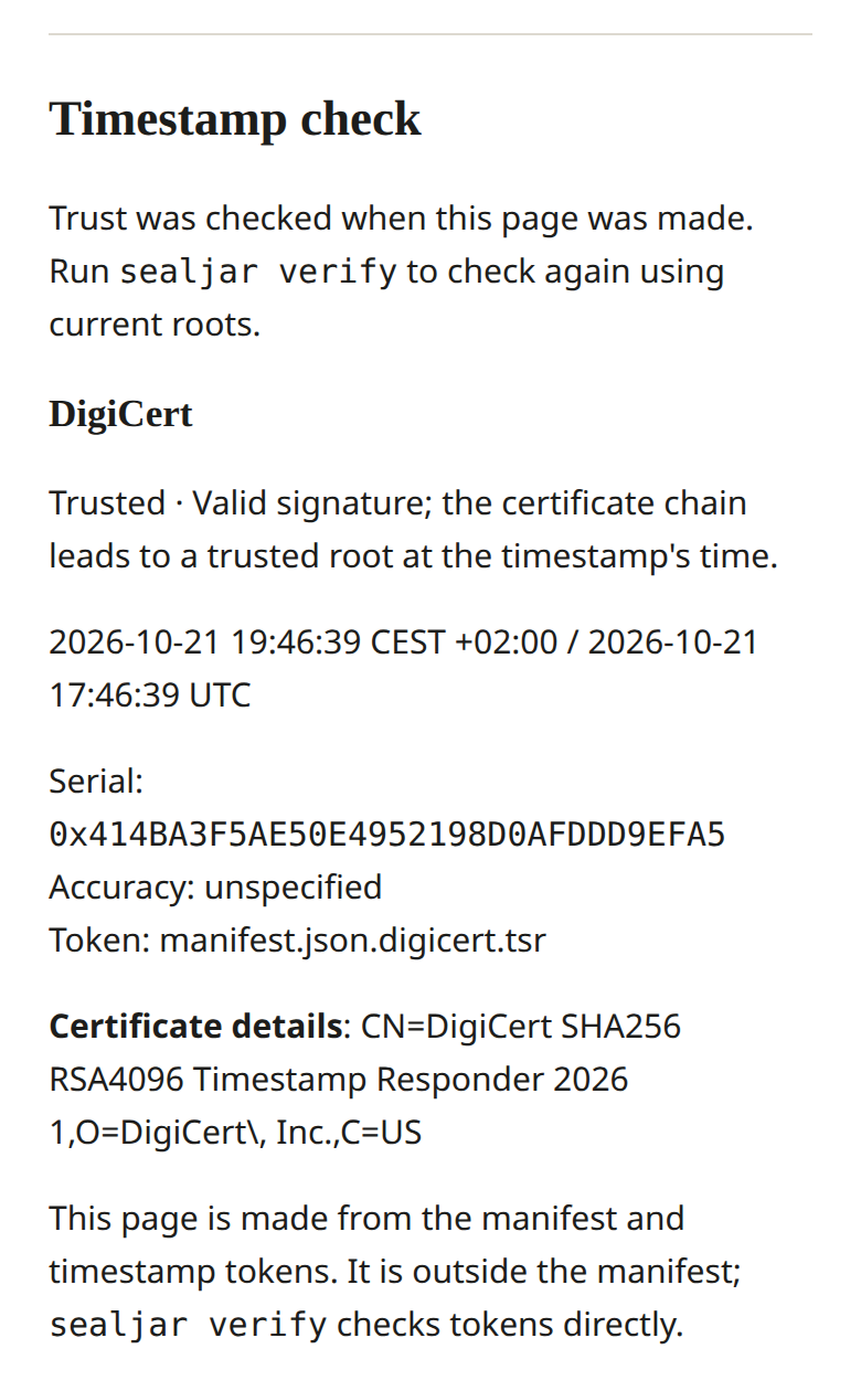 Bakery demo seal showing a trusted DigiCert timestamp and package checking information.